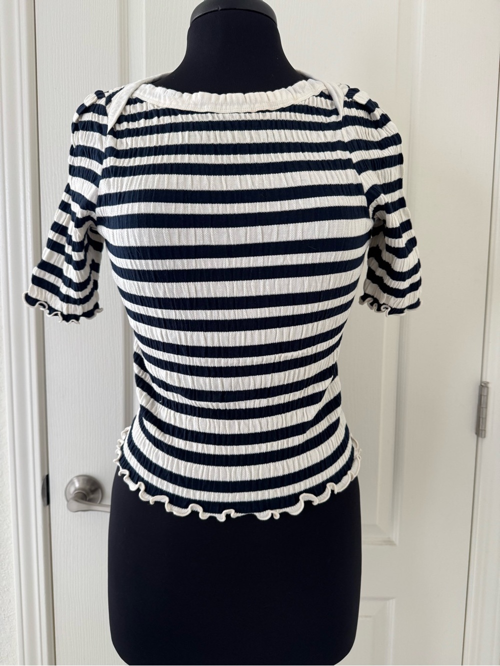 Nation Los Angeles Striped Navy and White Ribbed Puff-Sleeve Top